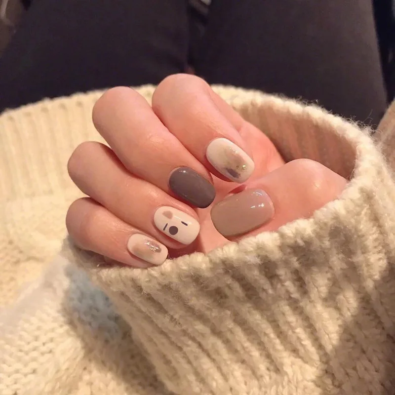 24 шт. модные короткие круглые нажимные ногти милый молочный чай цвет блестящая