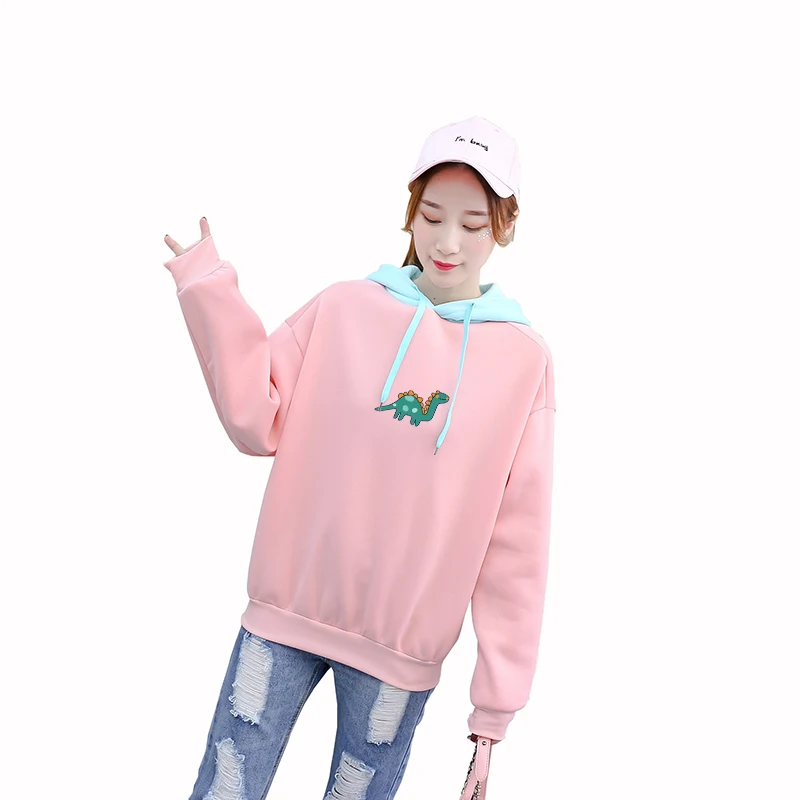 

Dinosaur Sweatshirt Autumn Spring New Fleece Harajuku Kawaii Cartoon Print Women Loose Contrast Color Patchwork Hoodies Pullover