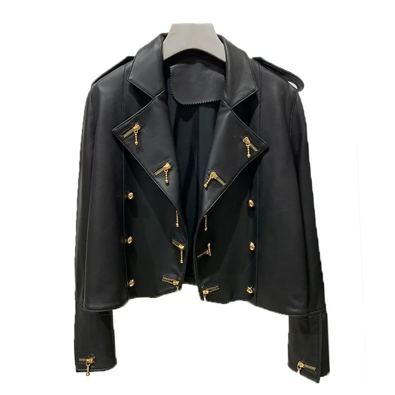

Brand Office Ladies Genuine Leather Short Jacket Women Fashion Zippers Motorcycle Coat Streetwear Personality Biker Jacket Coats