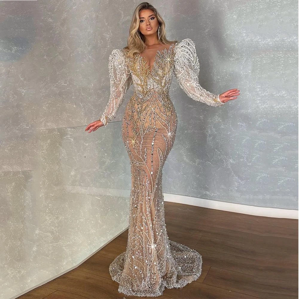 

Exquisite Full Sleeve Mermaid Evening Dresses V-neck Sparkle Beads Applique Prom Dresses Long Sweep Train Sequined Party Gown