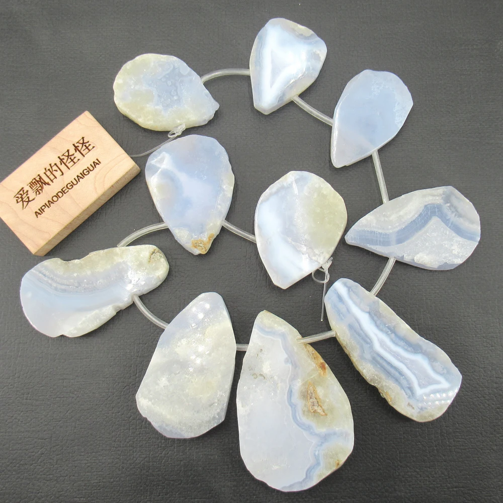 

APDGG 26x38mm-40x63mm Natural Raw Rough Blue Chalcedony Side Drilled Gems stone Agate 17.5"