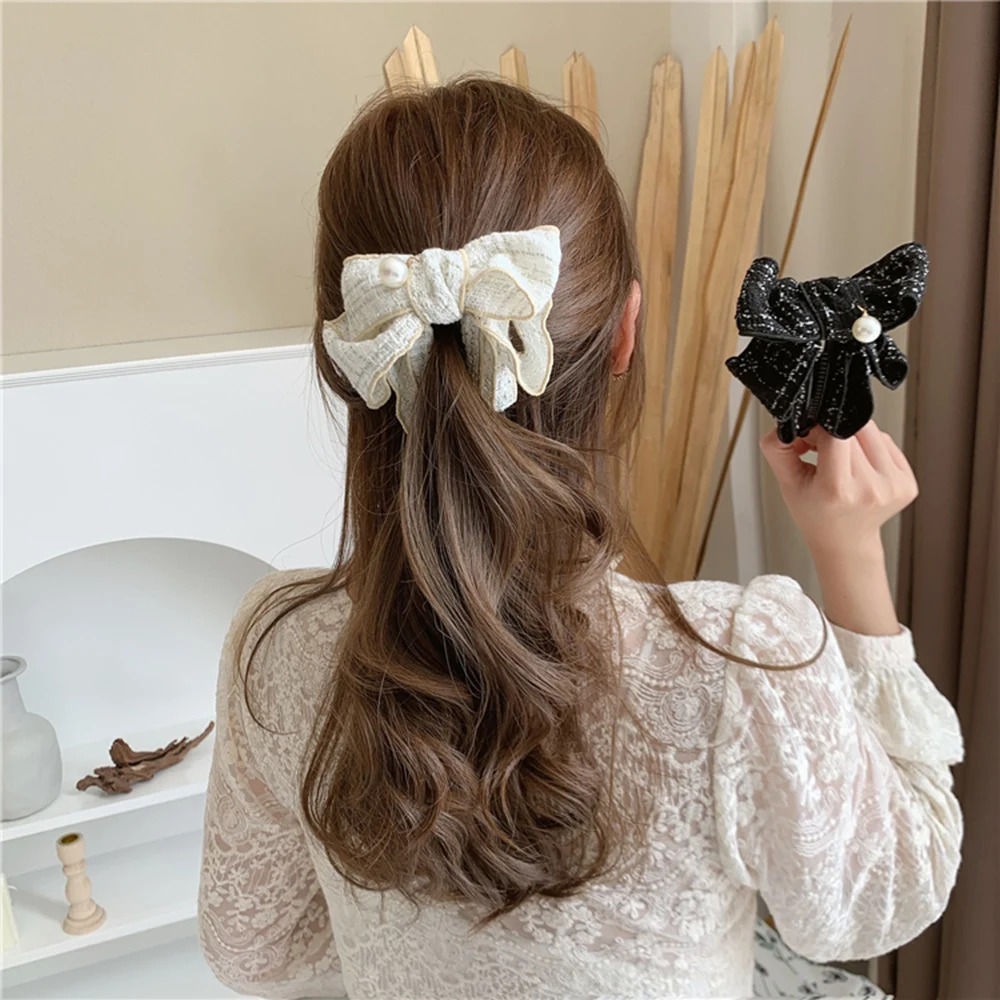 

New Korea Style Sweet Hairpin Cute Ribbon Bow Imitation Pearl Banana Hair Clip Women Fashion Hair Accessories 2021