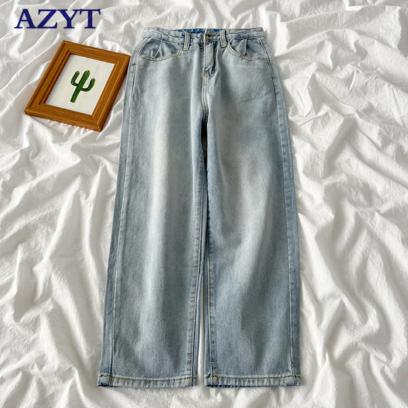 

AZYT Korean Loose Women Straight Pants Autumn Winter Casual Women Jeans Vintage Style Streetwear Denim Trousers Female