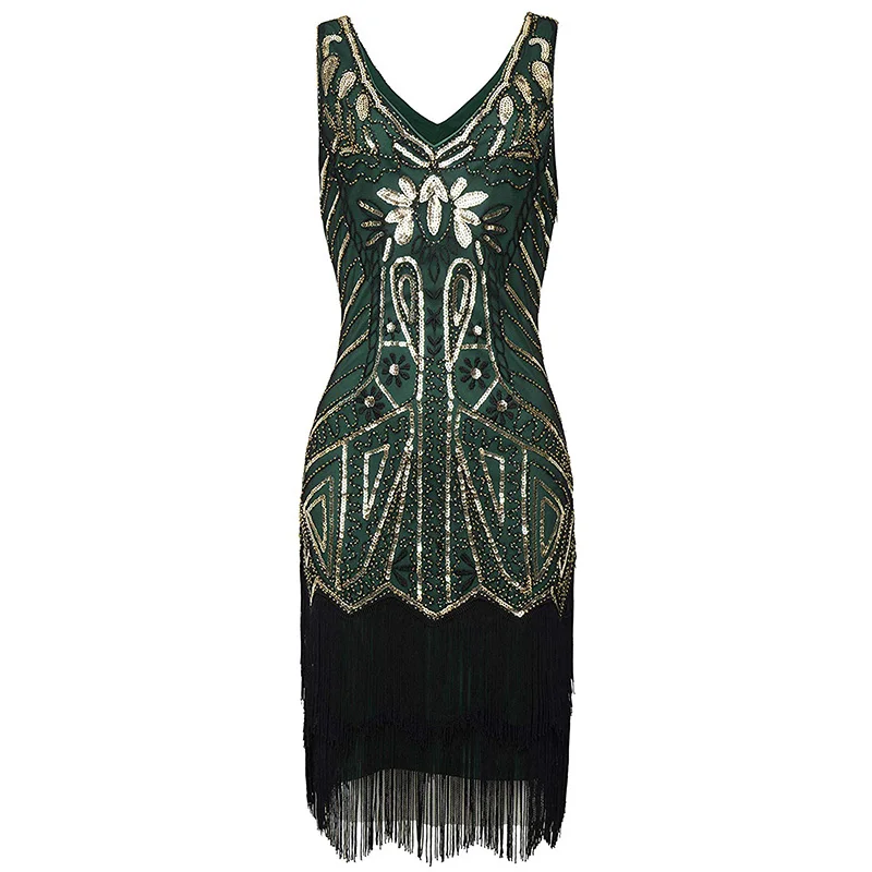 Green Gold dress Женские Хлопушки платья 1920s бисером бахромой платье Грейт Гэтсби w/Набор аксессуаров xs-xxl - Цвет: Green Gold dress