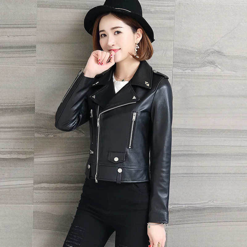 

Spring 2020 Autumn Genuine Leather Jacket Rivet Motorcycle Biker Jacket Sheep Leather Coat Women Fashion Real Sheepskin Coat