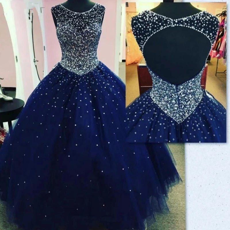 

2021 Gorgeous Dark Blue Quinceanera Dresses Sequin Beaded Puffy Tulle Backless Masquerade Sweet 16 Prom Vestidos De 15 Anos