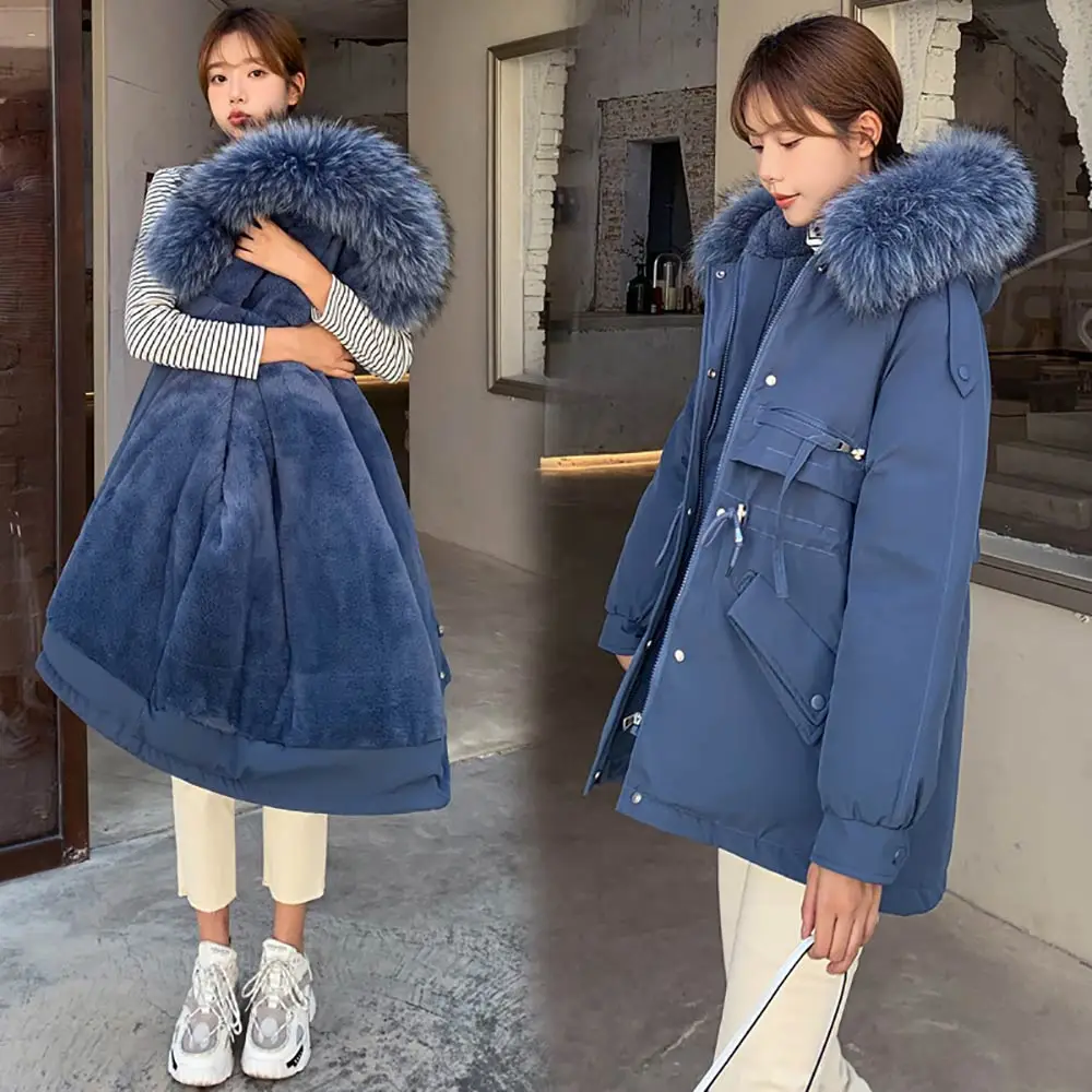 GRELLER Short Fur Liner Parkas Solid Color Winter Jacket Women 2021 New Big Pocket With Fur Collar Ladies Casual Hooded Coat