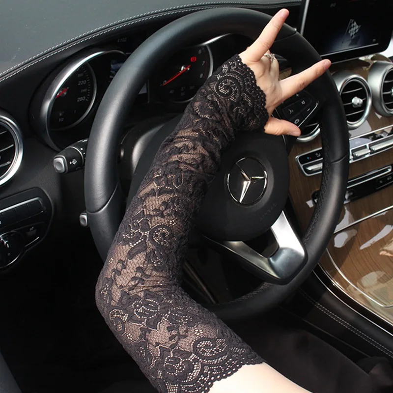 

Rose Flower Pattern Sexy Summer Female Half Finger Sunscreen Long Lace Gloves Women Sun Protection Driving Breathable Gloves