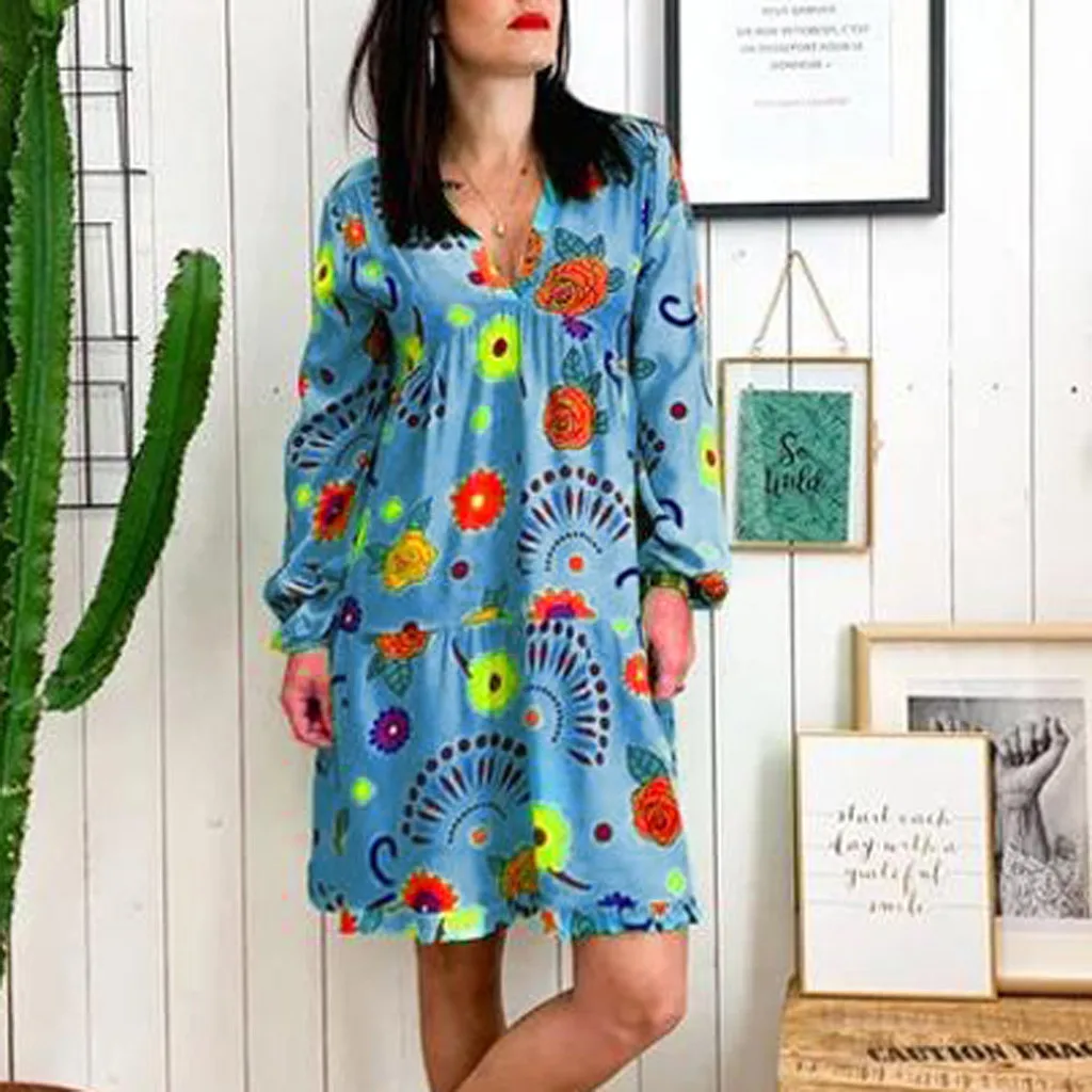 Женское платье с открытыми плечами цветочным принтом длинным рукавом