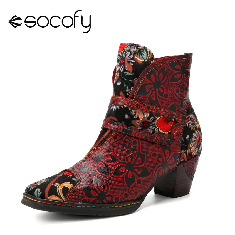 

Socofy Casual Floral Print Leather Patchwork Cloth Side-zip Comfortable Square Toe Chunky Heel Boots Woman High Heels Shoes