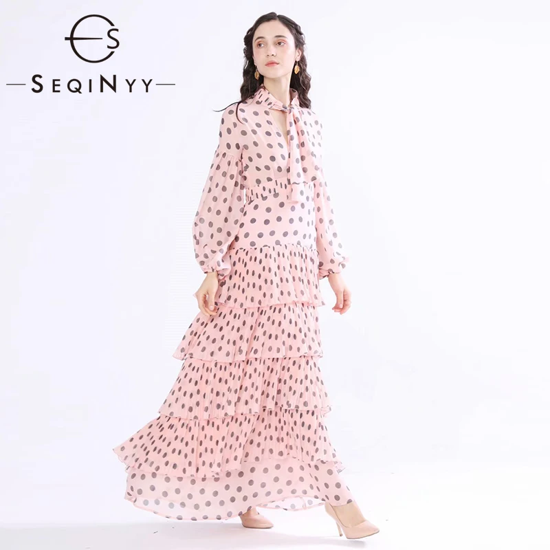 

SEQINYY шифоновое платье 2020 Лето Весна Новая мода дизайн женское с длинным рукавом в горошек плиссированные оборки розовое Элегантное Длинное ...