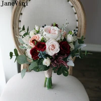 janevini flores artificiales dark red champagne rose wedding flowers for bride artificial silk peony eucalyptus bridal bouquets