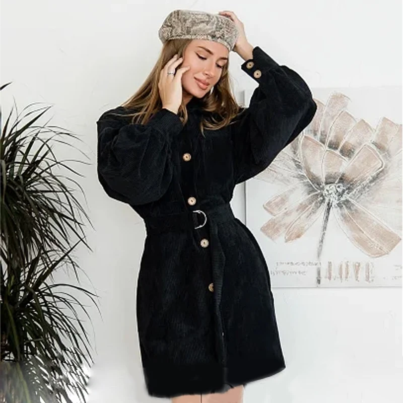 

Women Corduroy Dress Casual Turn-down Collar Lantern Sleeve Single Buttons Belt Slim A-line Mini Dress Vintage Party Dress 2020