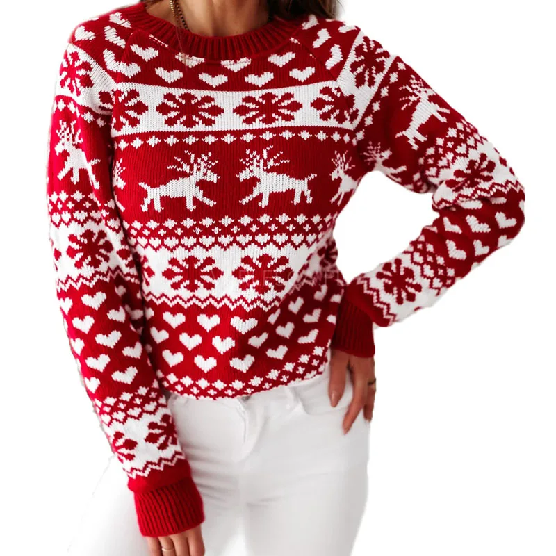 

Women Christmas Elk Printed Sweater Elegant Fashion Full Length Regular Sleeve Round Neck Pullover Sweaters