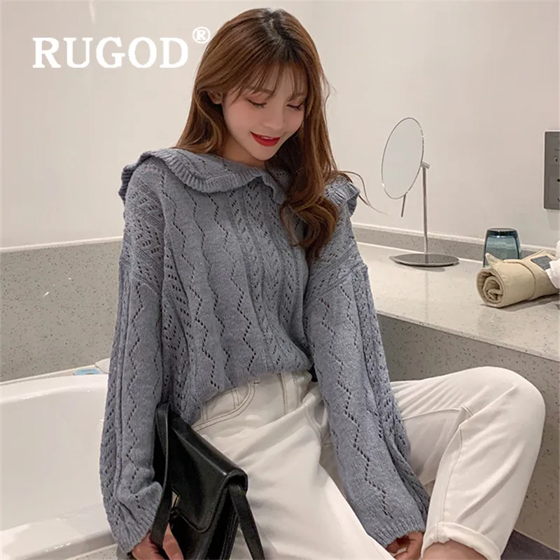 RUGOD Navy Collar Sweater Women 2019 Solid Long Sleeve Knitted Pullovers Korean Style Loose Sweaters Casual Lady Trui Dames | Женская
