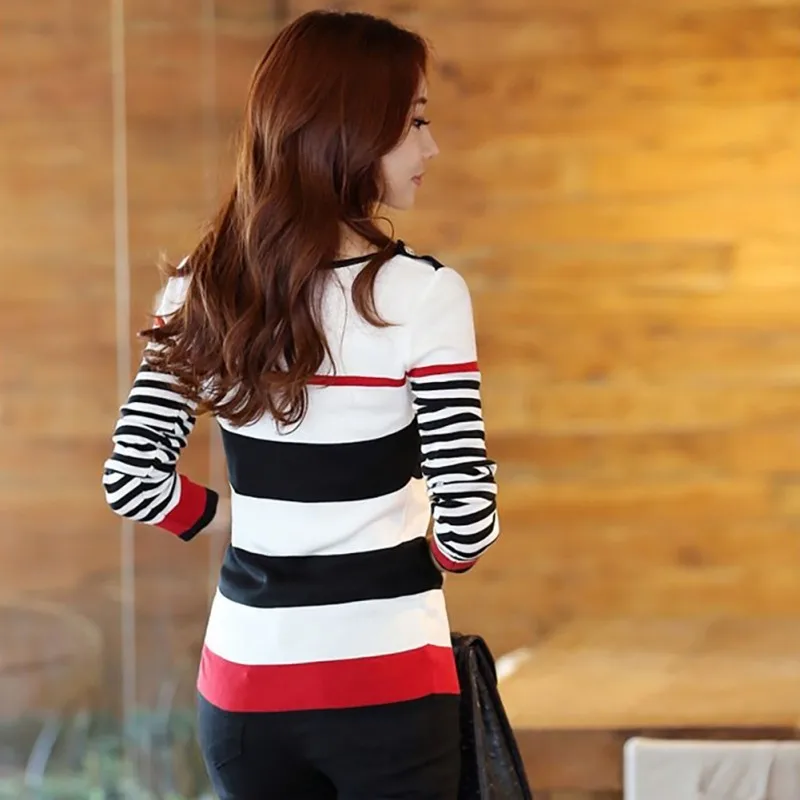 Женская рубашка с длинным рукавом круглым вырезом и полосками|Футболки| |