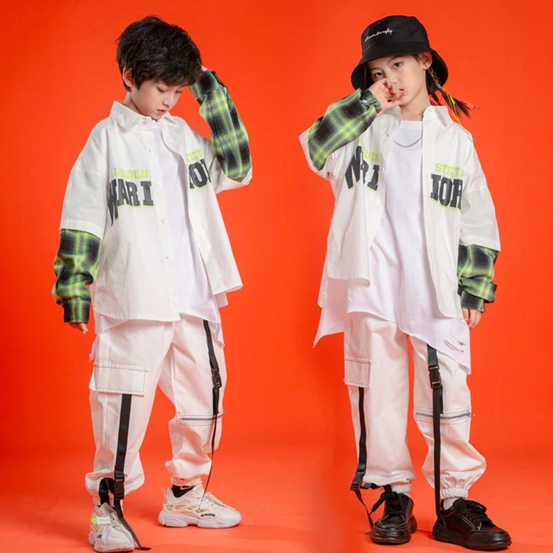 

Kids Performance Kpop Hip Hop Clothing Sweatshirt Tops Streetwear Cargo White Pants For Girls Boys Jazz Dance Costume Clothes