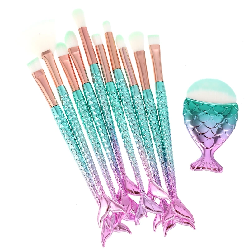 

11PCS Mermaid Makeup Brushes Set Foundation Blending Powder Eyeshadow Blush Cosmetic Beauty Fish Tail Brush Tools