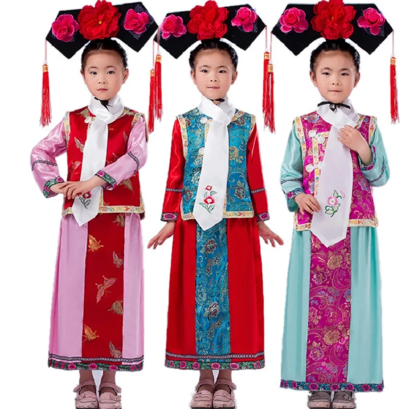 

Chinese Traditional Dress Qing Dynasty Court Costumes Small Swallows Clothes Maid Manchu Gege Children's Cheongsam Performance
