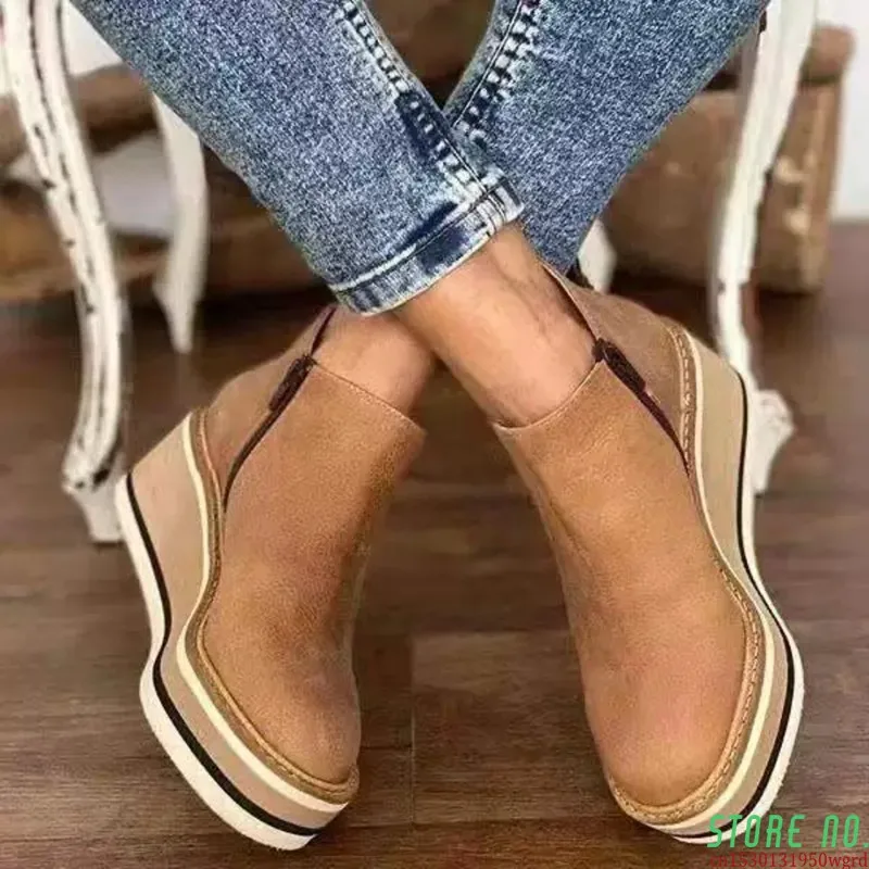 

New Winter Wedges Women Boots Comfortable Ankle Boots Shoes Round Toe 4cm Heel Lace Up and Zip Thicken Botas De Mujer Size 35-43