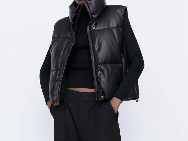 

Autumn Winter Women Black Warm Faux Leather Vest Coat Casual Zipper Sleeveless Jacket Female Short Cotton Outwear Tops Ladies
