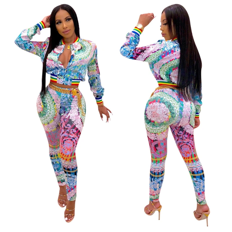 Цветочные Две детали с принтом комплект Кардиган укороченный топ и брюки