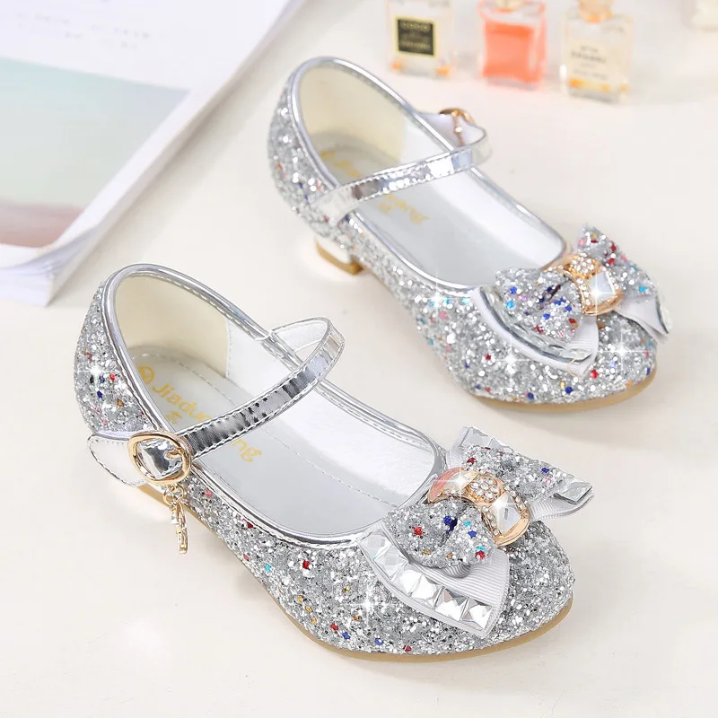 

Meriahzheng New Girls' High Heel Leather Shoes Sequin Shoes Surface Bow Children Dance Single-Layer Shoes ZRC-116-8