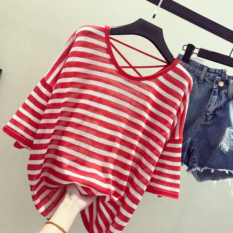 

Summer New Korean Version Plus Size Half-sleeved Ice Silk Women Tops Loose Striped Short-sleeved T-shirt Women's Clothes