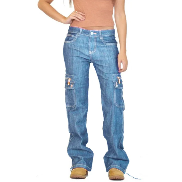 Boyfriend style женские свободные длинные джинсы брюки с боковой накладной карман женские большие размеры мотоциклетные байкерские джинсовые брюки женские