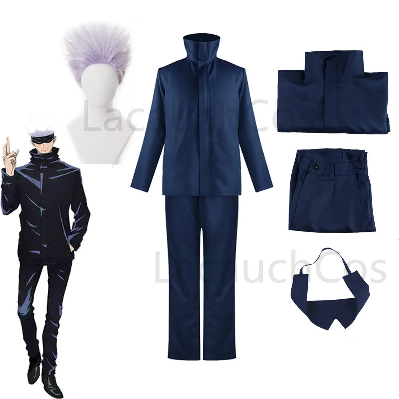 

Jujutsu Kaisen Gojo Satoru Cosplay Costume Men Women Blue Black Tops Pants Uniform Short Wig Blindfold Halloween Carnival Party
