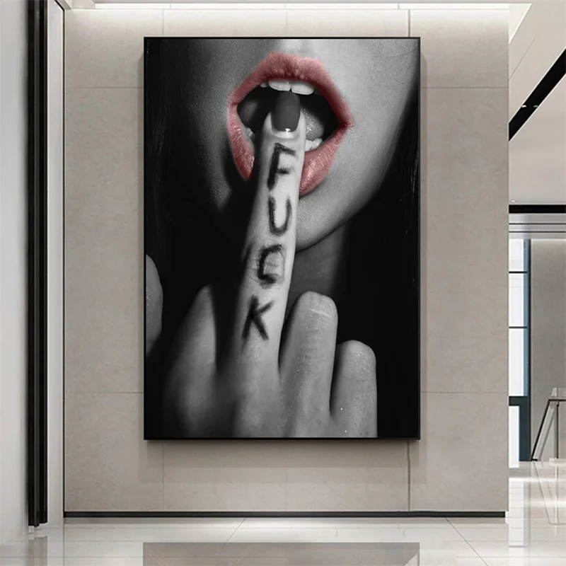 

Middle Finger with Sexy Lips Personality Posters and Prints Black Withe Canvas Painting Wall Art Pictures Home Bar Decor Cuadros
