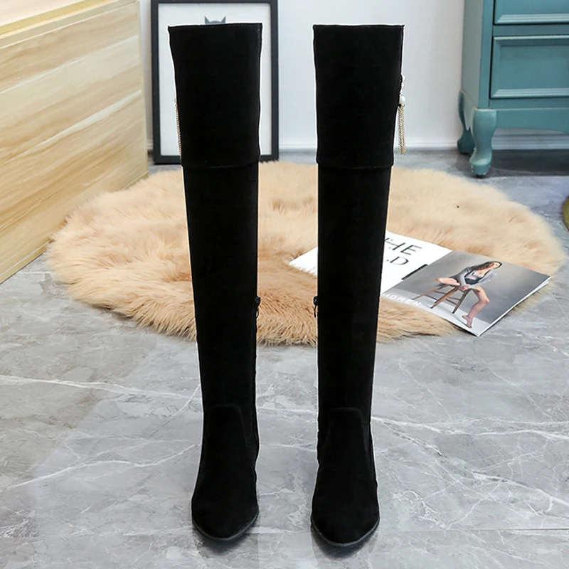 

Winter Over-The-Knee Fashion Long-Tube Women's Boots Were Thin Stretch Rhinestones Fashionable And Popular Suede High-Tube Boots
