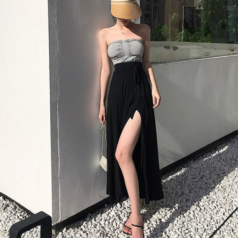 

Skirts Womens Summer Solid Bow Side-Slit Mid-Calf Sexy Lady High Waist Lacing Up Casual Loose Elegant Feminine Chic 2021