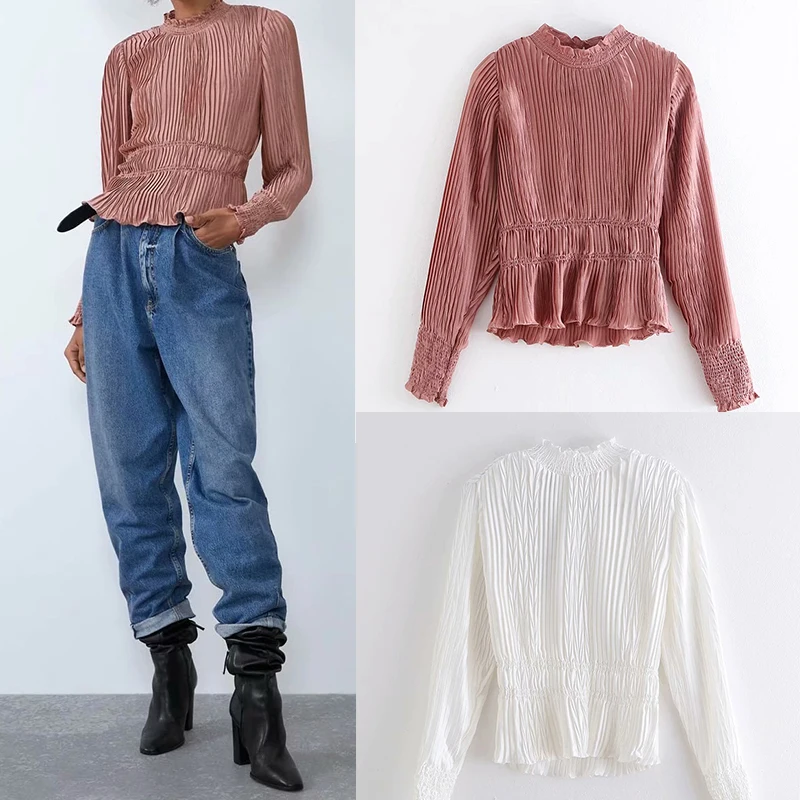 Женская модная рубашка 2019 za розовая белая однотонная блузка с оборками