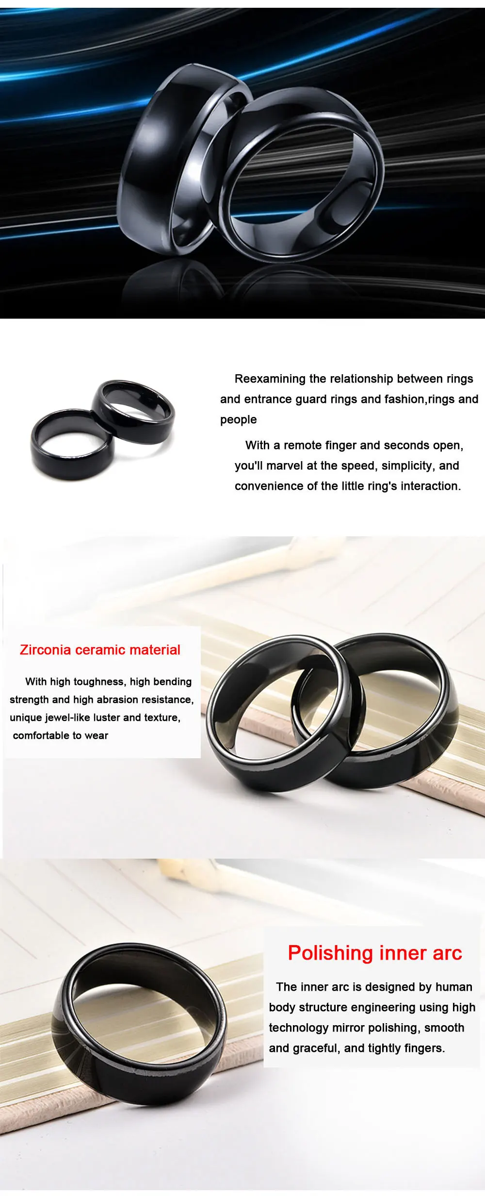 RFID 125KHZ or 13.56MHZ Black Ceramics Smart Finger Ring Wear for Men or Women