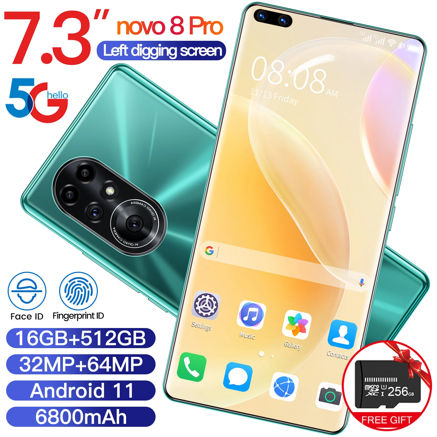 

Global Version Novo 8 pro Smartphones 6800mAh Android 10 Cellphones Dual SIM Mobile Phone Unlocked 7.3" 16G 512GB