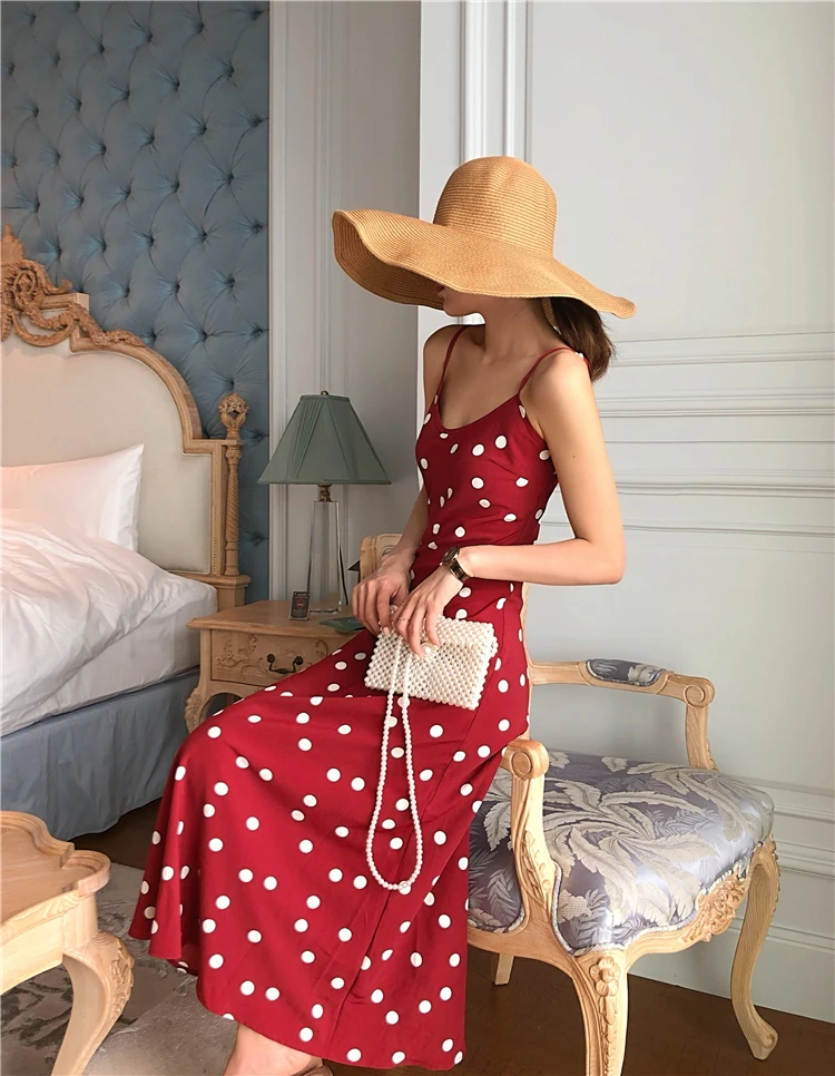 2021 весенне-летнее женское платье в горошек на бретельках атласное элегантное с