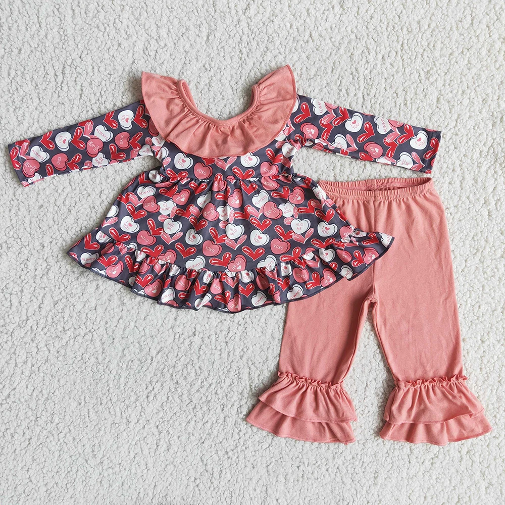 

Ready To Ship Clothes For Fashion Girls Heart Pattern Tunic Top And Pink Ruffle Pants Suit Children Valentine's Day Outfit