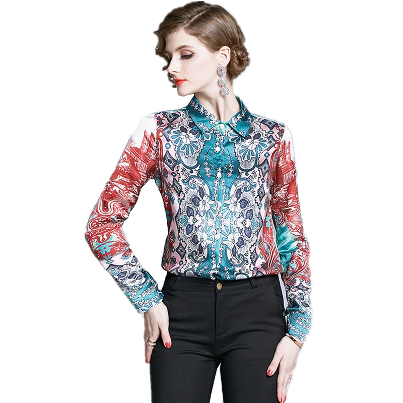 

2021 New Arrival Spring Autumn Women Long Sleeve Blouse High Quality Contrast Color Retro Print Runway Shirt Casual Top