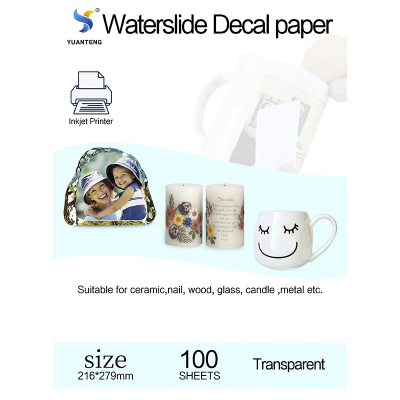 Inkjet Waterslide Decal Paper Clear 100 Sheets Transparent Water Slide Transfer Paper LETTER SIZE  for DIY Tumbler Metal Wood