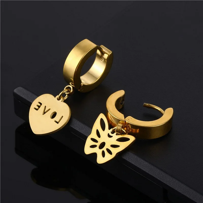 

Vintage Gold Color Stainless Steel Hoop Earrings for Women Girl Hollow Butterfly Heart Pendant Earring Fashion Piercing Jewelry