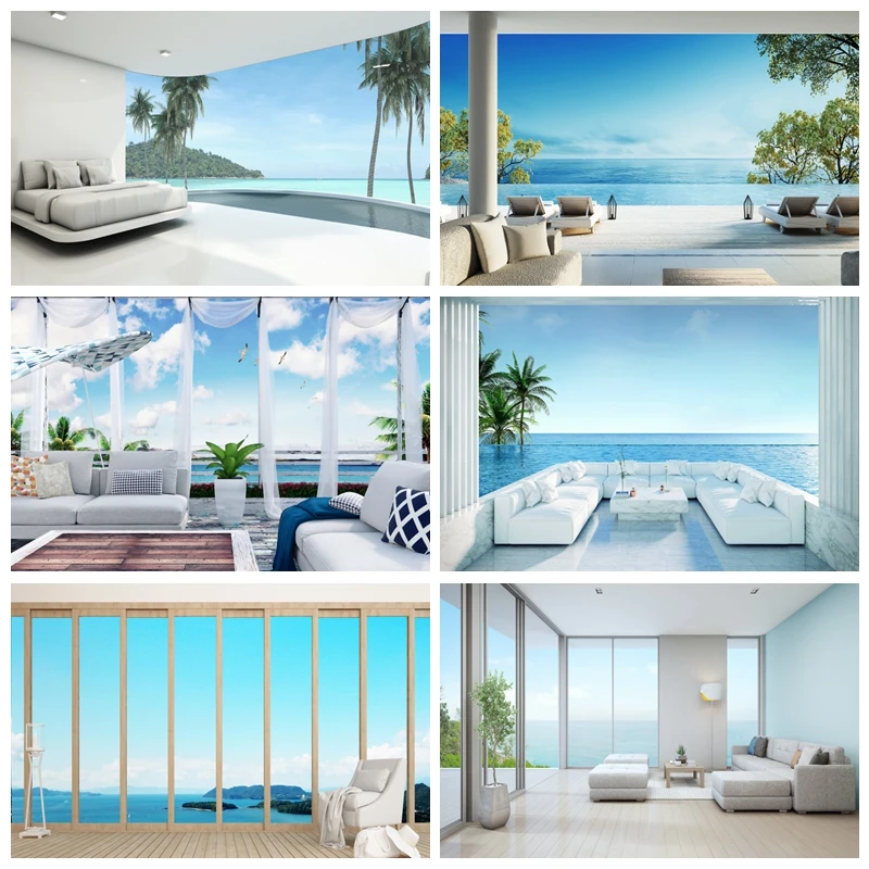 

Laeacco Sea View Room Tropical Summer Palms Tree Holidays Natural Scenic Photographic Background Photo Backdrop For Photo Studio