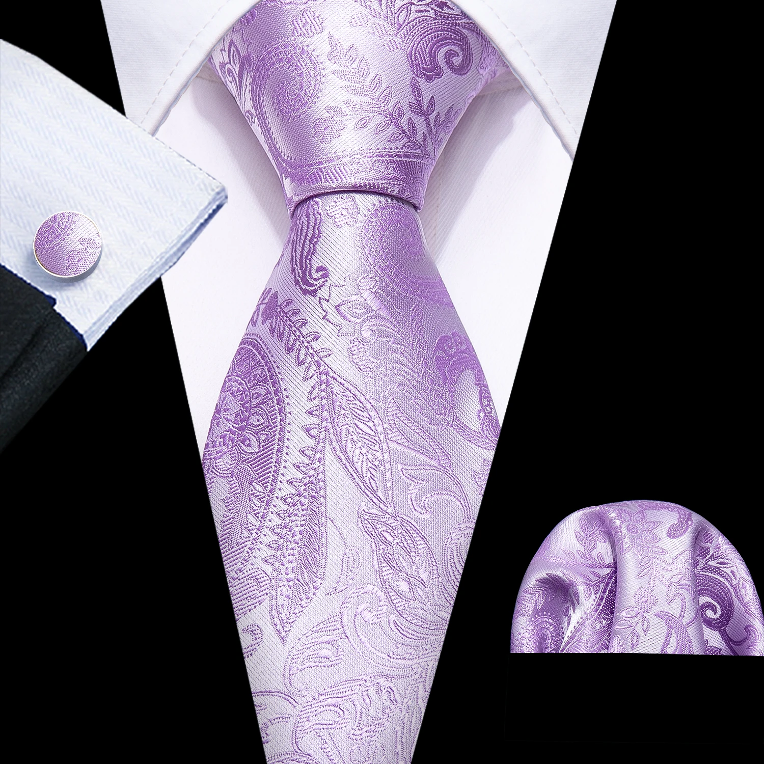 

3PCS Light Purple Paisley Mens Wedding Tie 8.5cm Silk Neckties Business Handkerchief Cufflink Tie Gift Set Barry.Wang FA-6039