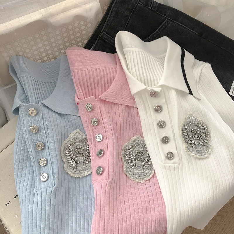 High Quality Women Fashion Summer Sweet Cute Diamond Preppy Color Matching Short Sleeved Ice Silk Knitted Polo Shirt Top