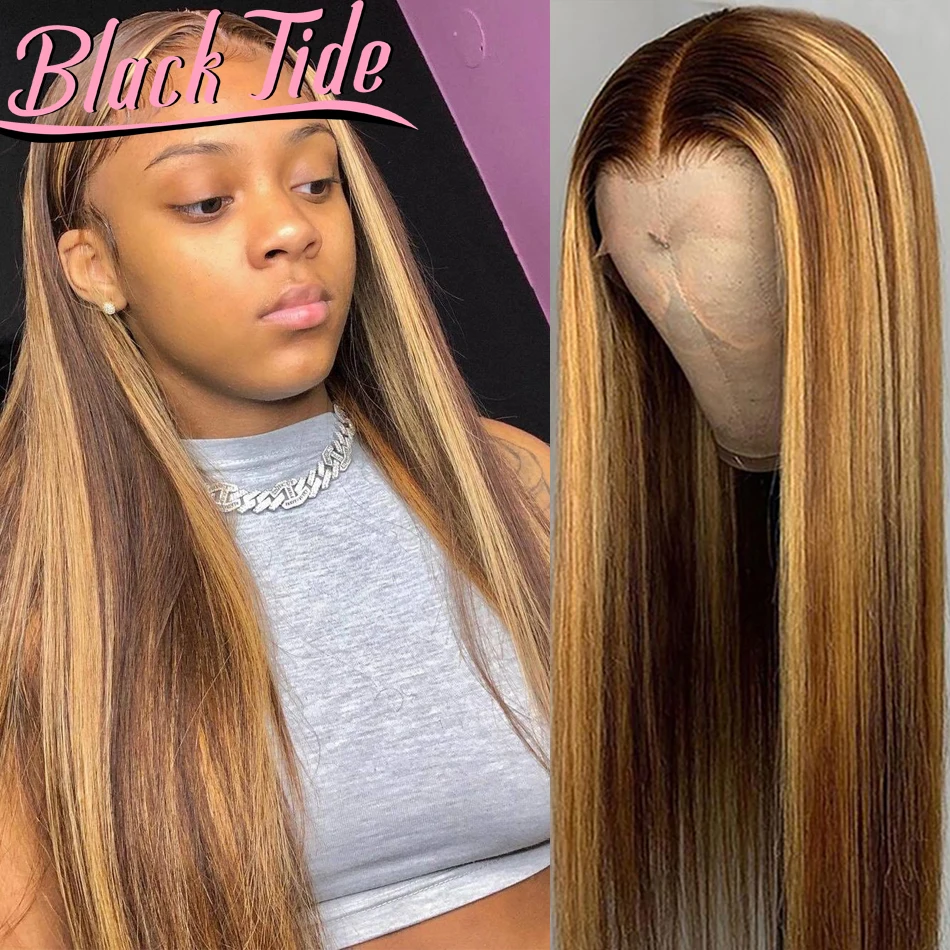 

Straight Frontal Wig Malaysian 200% Remy P4/27 Highlight Wig Human Hair 13x4 Transparent Lace Wigs 30 Inch Lace Front Wig