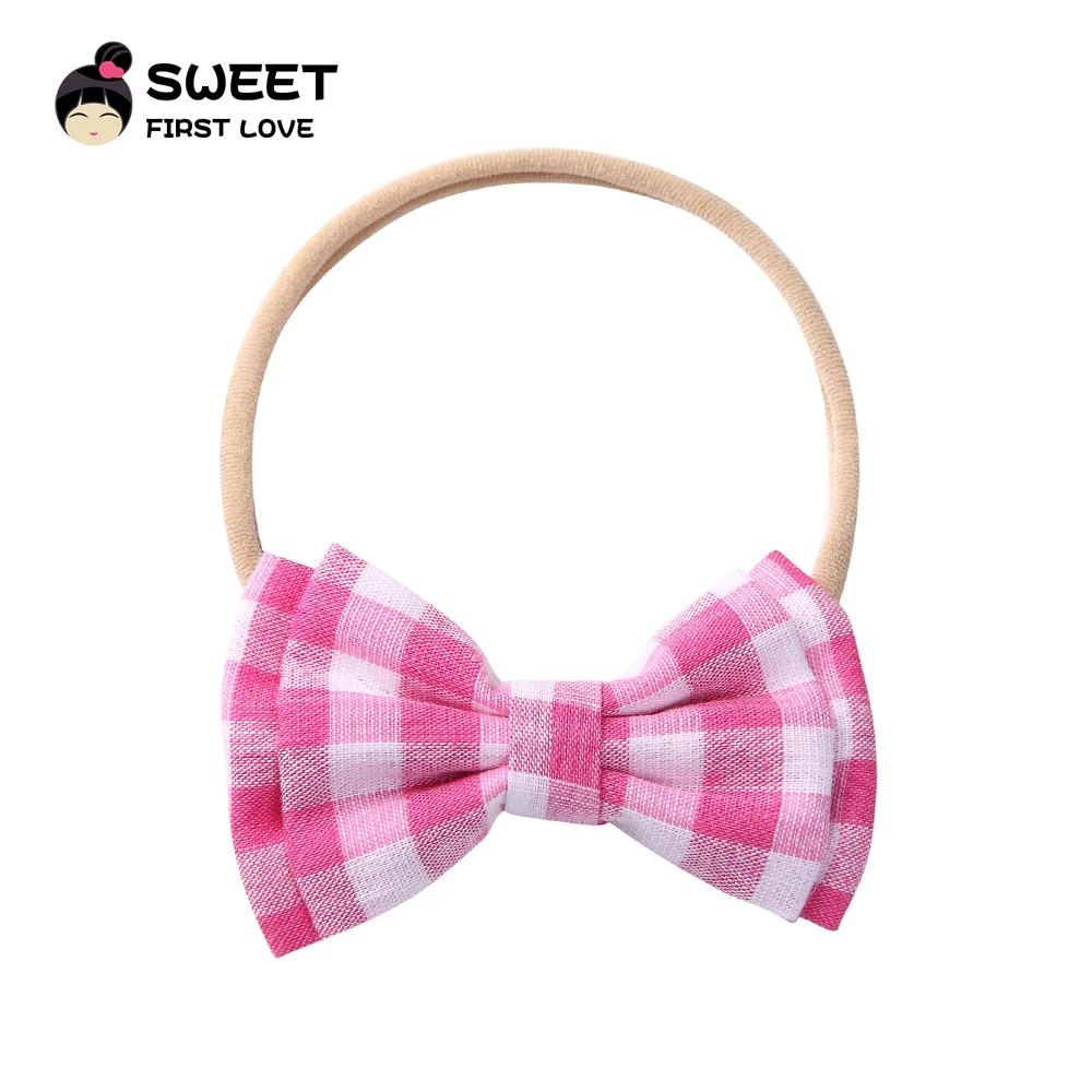 Нейлоновая повязка на голову с тканевым клетчатым бантом для маленьких девочек