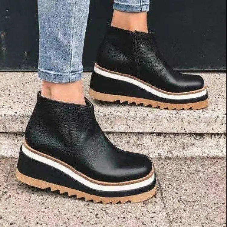 

2022 New Winter Wedges Women Boots Comfortable Ankle Boots Shoes Round Toe 4cm Heel Lace Up and Zip Thicken Size 36-43