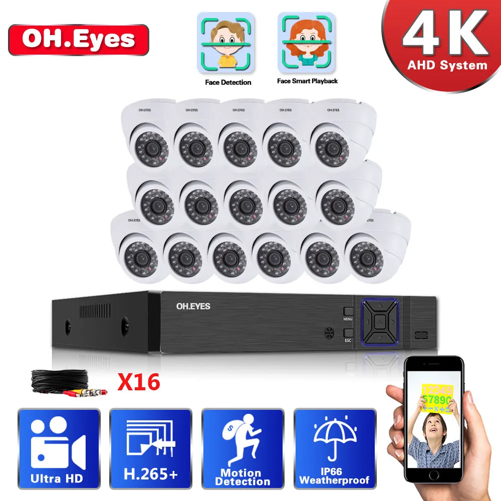 

16 каналов 4K Ultra HD CCTV DVR система h.265 + 8 Мп IP66 металлическая комнатная и наружная Антивандальная камера комплект системы видеонаблюдения 4T HDMI