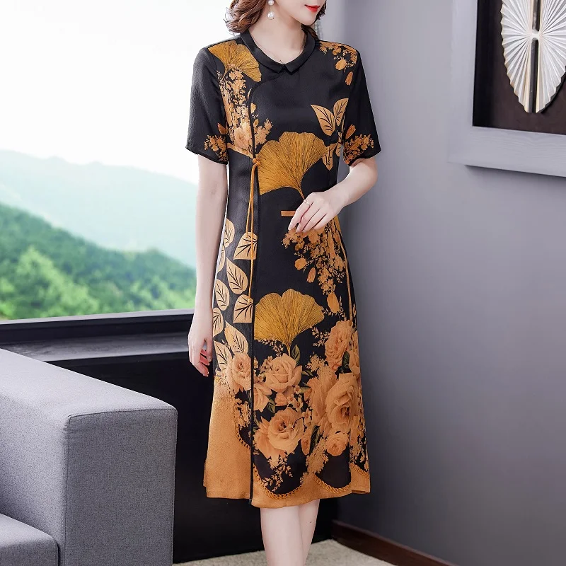 

COIGARSAM Women Dress Summer 2021 New Office Lady Cheongsam Vintage Print Short Sleeve O-Neck Design And Color Dresses Traf Robe
