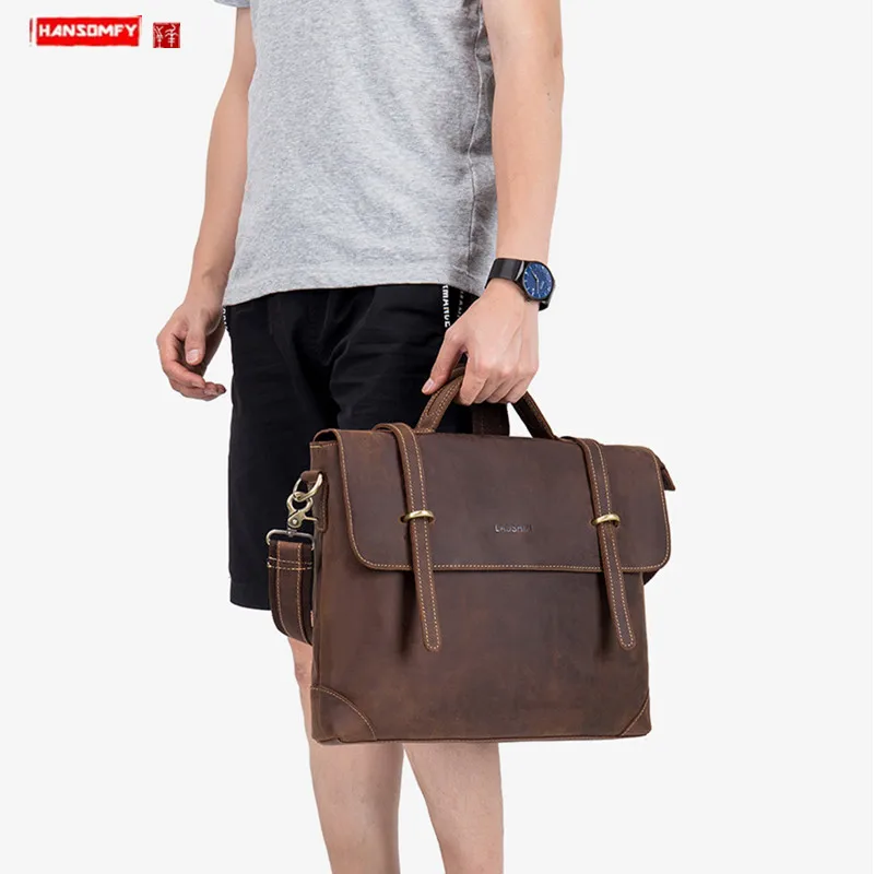 Vintage Leather Men's Bag, Business Large-capacity Handbags, Leather Briefcases, 14 Inch Laptop Bag ,Shoulder Messenger Bags